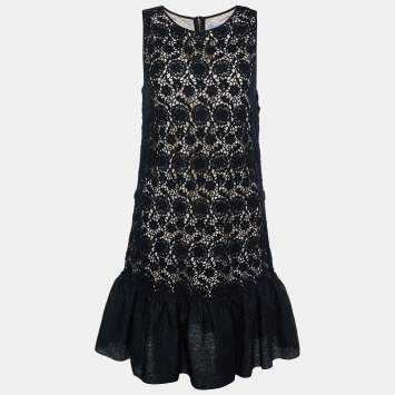 Pre Owned RED Valentino Black Floral Lace Ruffle Hem Sleeveless Shift Dress M