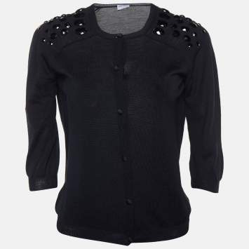 Pre Owned RED Valentino Black Virgin Wool Embellished Shoulder Detail Cardigan M