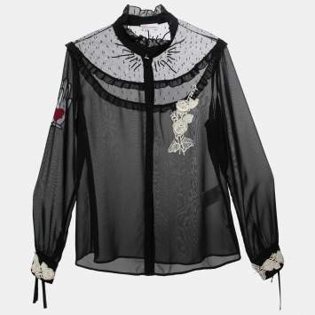 Pre Owned RED Valentino Black Crepe and Net Mock Neck Long Sleeve Blouse L