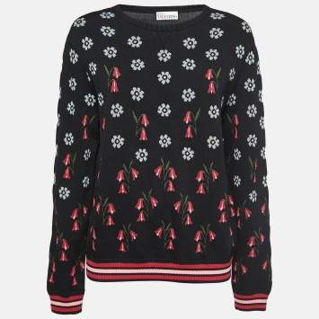 Pre Owned RED Valentino Black Floral Patterned Knit Sweater L
