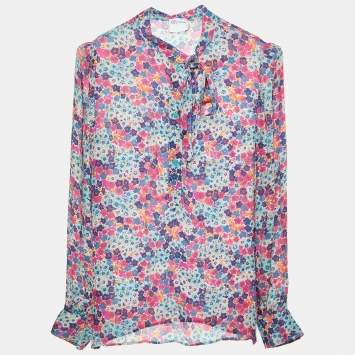Pre Owned RED Valentino Multicolor Floral Print Silk Tie Neck Blouse M