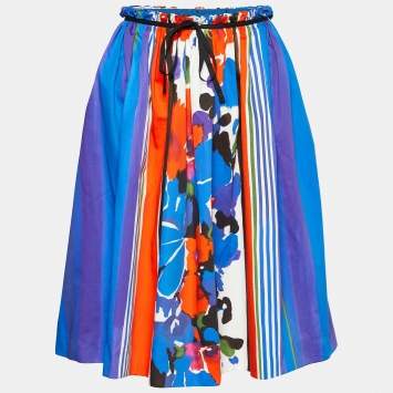 Pre Owned Red Valentino Blue Printed Cotton Paper Bag Waist Detail Midi Skirt M