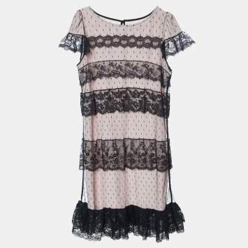 Pre Owned RED Valentino Black Tulle Lace & Pink Lined Mini Dress M