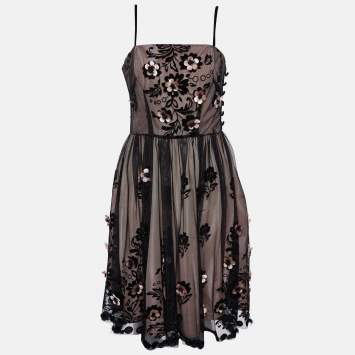 Pre Owned RED Valentino Black Mesh 3D Floral Applique Mini Dress M