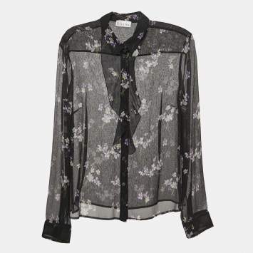 Pre Owned RED Valentino Black Floral Print Chiffon Neck Tie Detail Shirt Blouse S