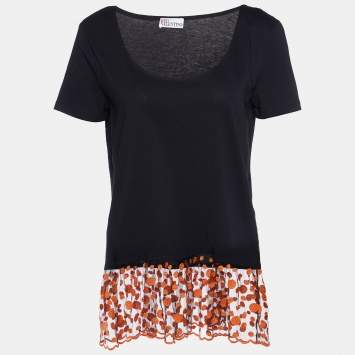 Pre Owned RED Valentino Black Cotton Knit & Embroidered Tulle Hem Top L