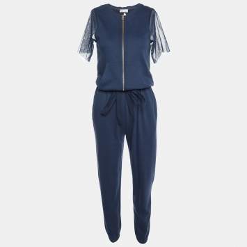 Pre Owned RED Valentino Navy Blue Cotton Knit & Lace Jumpsuit S