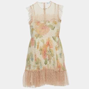Pre Owned RED Valentino Light Pink Floral Chiffon Lace Paneled Mini Dress M