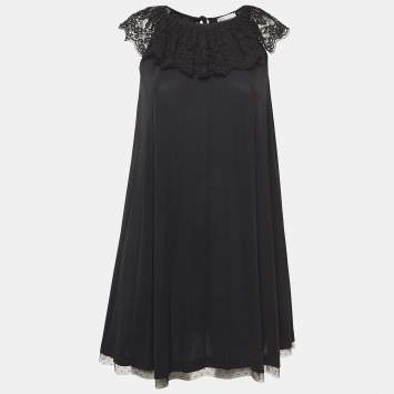 Pre Owned RED Valentino Black Pleated Jersey Lace Trim Mini Dress XS