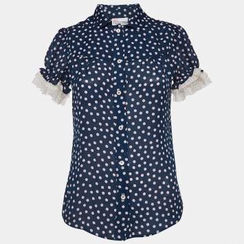 Pre Owned RED Valentino Navy Blue Dotted Crepe Puff Sleeve Blouse S
