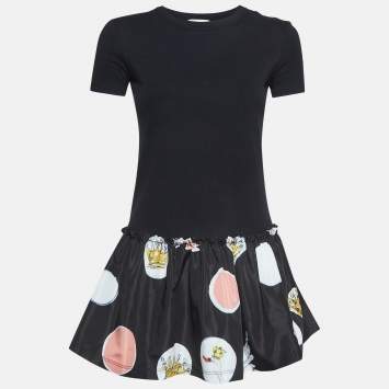 Pre Owned RED Valentino Black Printed Cotton and Synthetic Flounce T-Shirt XS