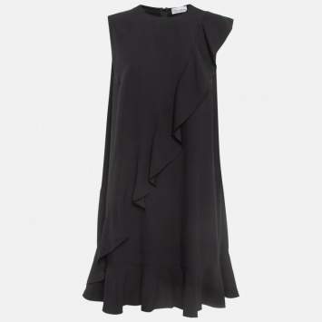 Pre Owned RED Valentino Black Sateen Ruffled Sleeveless Mini Dress L