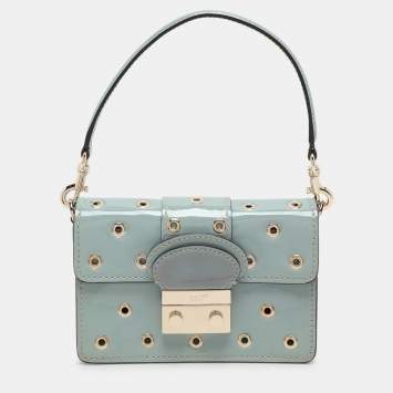 Pre Owned RED Valentino Dusky Blue Patent Leather Grommet Detailed Shoulder Bag