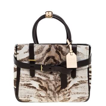 Pre Owned Reed Krakoff Dark Brown/Beige Zebra Print Calfhair and Leather Boxer Tote