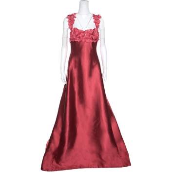 Pre Owned Reem Acra Red Silk Floral Applique Bodice Detail Embellished Gown L