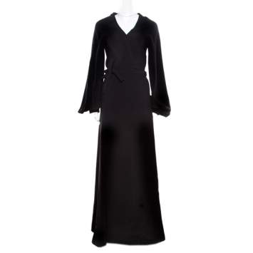 Pre Owned Reem Acra Black Silk Maxi Wrap Dress L