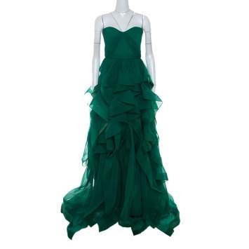 Pre Owned Reem Acra Green Chiffon Silk Layered Ruffle Strapless Gown M 