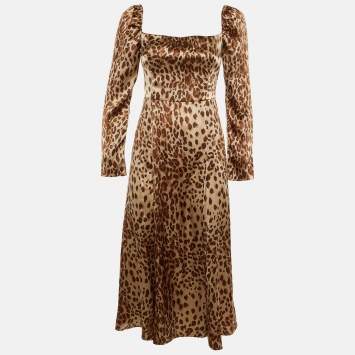 مملوكة مسبقًا Reformation Brown Animal Print Silk Slit Midi Dress M