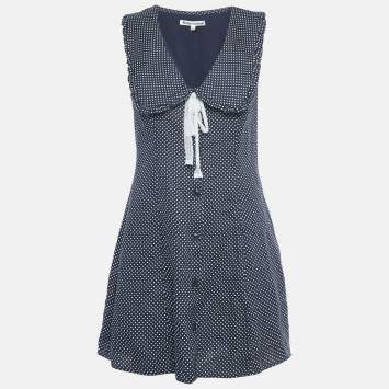 Pre Owned Reformation Blue Polka Dots Print Linen Sleeveless Mini Dress M