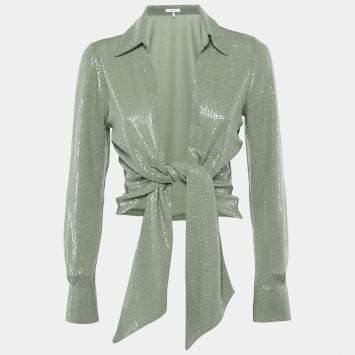 Pre Owned Reiss Green Sequin Jersey Tie-Up Detail Liana Crop Top S