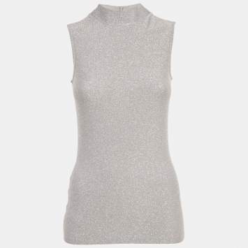 Pre Owned Reiss Silver Lurex Knit High Neck Aries Top XS 