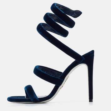 Pre Owned René Caovilla Navy Blue Velvet Cleo Ankle Wrap Sandals Size 38