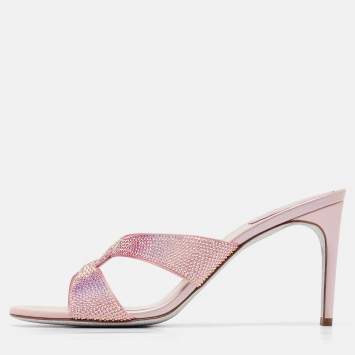 Pre Owned René Caovilla Pink Crystal Embellished Satin Slide Sandals Size 40