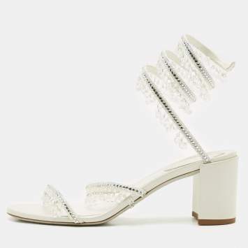 Pre Owned René Caovilla Cream  Leather Crystal Embellished Ankle Wrap Sandals Size 38