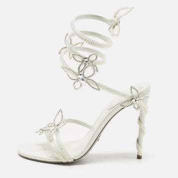 Pre Owned René Caovilla White Satin Crystal Embellished Margot Sandals Size 38