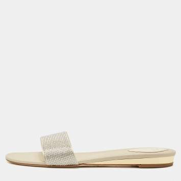 Pre Owned René Caovilla Light Gold Satin Crystals Embellished Flat Slides Size 41