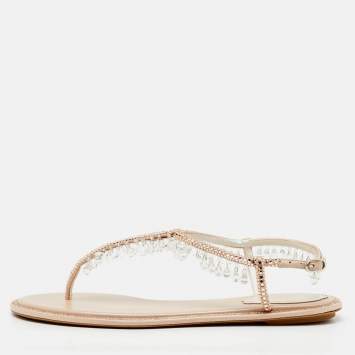 Pre Owned René Caovilla Beige Satin Crystal Chandelier Embellished T Strap Flats Size 36.5