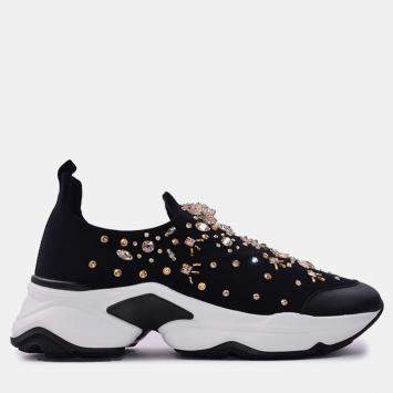 مملوكة مسبقًا Rene Caovilla Fabric Crystal Black Leather Sneakers