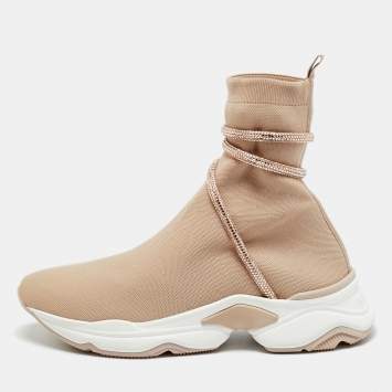 مملوكة مسبقًا René Caovilla Cleo Size 40 Beige Knit Fabric Slip On Running Sneakers