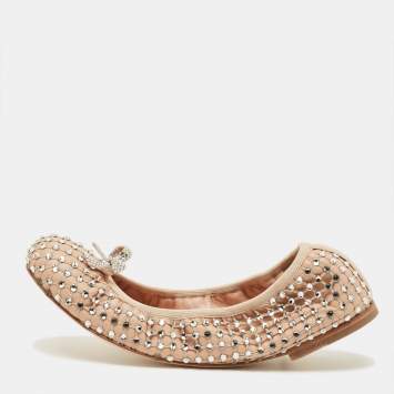 Pre Owned René Caovilla Size 38 Beige Leather Rhinestone Embellished Scrunch Ballet Flats
