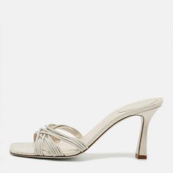 Pre Owned René Caovilla Opal Strass Size 39 Cream Fabric Suede Crystal Embellished Slide Sandals