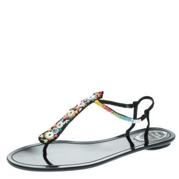 Pre Owned René Caovilla Black Satin Beads Embellished Flat Thong Sandals Size 41