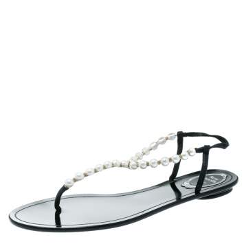 Pre Owned René Caovilla Faux Pearl Embellished Flat Thong Sandals Size 41