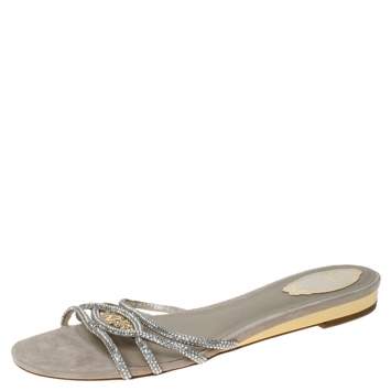 Pre Owned  René Caovilla Cream Cystal Embellished Satin Flat Slides Size 41