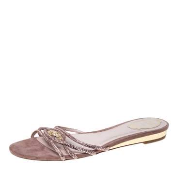 Pre Owned  René Caovilla Pink Embellished Satin Flat Slides Size 41