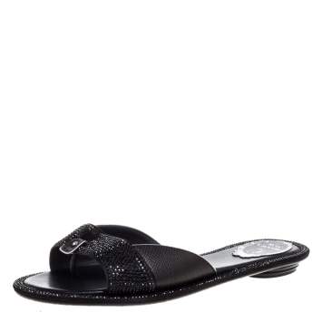 Pre Owned René Caovilla Black Satin And Lizard Embossed Leather Flat Slides Size 38