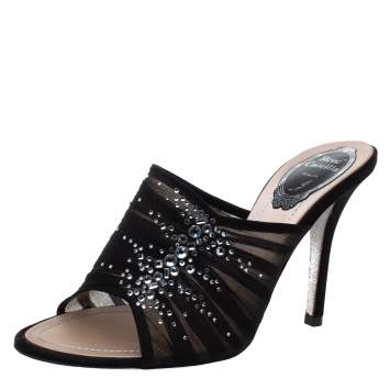 Pre Owned Rene Caovilla Black Chiffon Crystal Embellished Slide Sandals Size 37