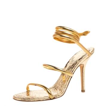 Pre Owned Rene Caovilla Gold Metal and Python Embossed Leather Cleo Sandals Size 38