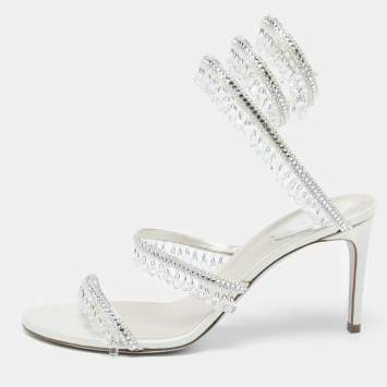 Pre Owned Rene Caovilla White Leather Crystal Embellished Chandelier Ankle Wrap Sandals Size 38.5