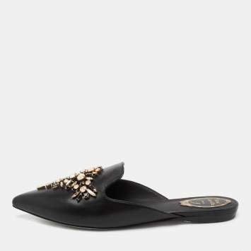 Pre Owned Rene Caovilla Black Leather Crystal Embellished Pointed Toe Flat Mules Size 39.5
