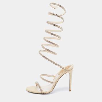 Pre Owned René Caovilla Metallic Gold Leather And Satin Cleo Crystal-Embellished Sandals Size 35