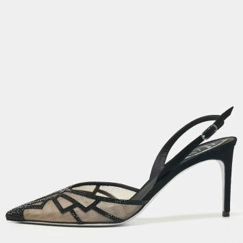 Pre Owned René Caovilla Black Suede And Mesh Nadine Embellishment Slingback Sandals Size 41