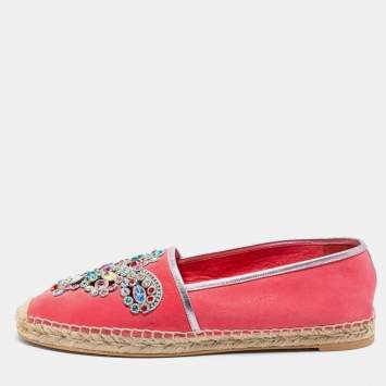Pre Owned René Caovilla Pink Suede Crystal Embellished Espadrille Flats Size 42