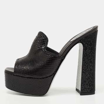 Pre Owned Rene Caovilla Black Snakeskin Leather and Crystal Mule Sandals Size 39