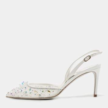 Pre Owned René Caovilla White Crystal Embellished Lace Cinderella Slingback Pumps Size 40