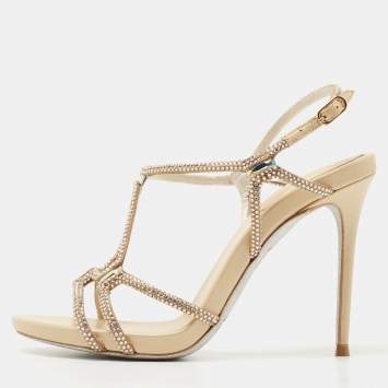 Pre Owned René Caovilla Beige Leather and Crystal Venezia Crystal Slingback Sandals Size 36